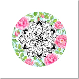 Pink Roses and Mandalas on Sky Blue Lace Posters and Art